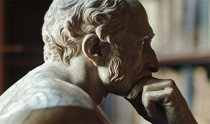 Close-up of a contemplative stone sculpture of a man in profile, with furrowed brows, a mustache, and a beard, resting his chin on his hand in a thoughtful pose. The detailed textures of the stone capture the expression of deep reflection, symbolizing introspection and philosophical thought.